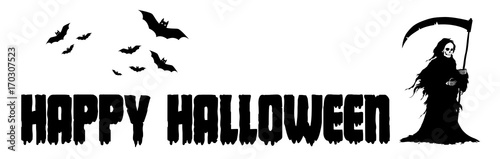 The figure of death with big scythe in a black shroud. Design element for Happy Halloween cards, posters, banners or invitations. Cartoon style. Doodles. Vector illustration.