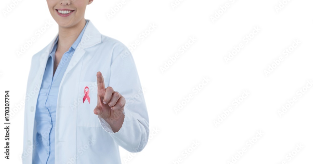 Doctor woman with breast cancer awareness ribbon Doctor woman with breast cancer awareness ribbon