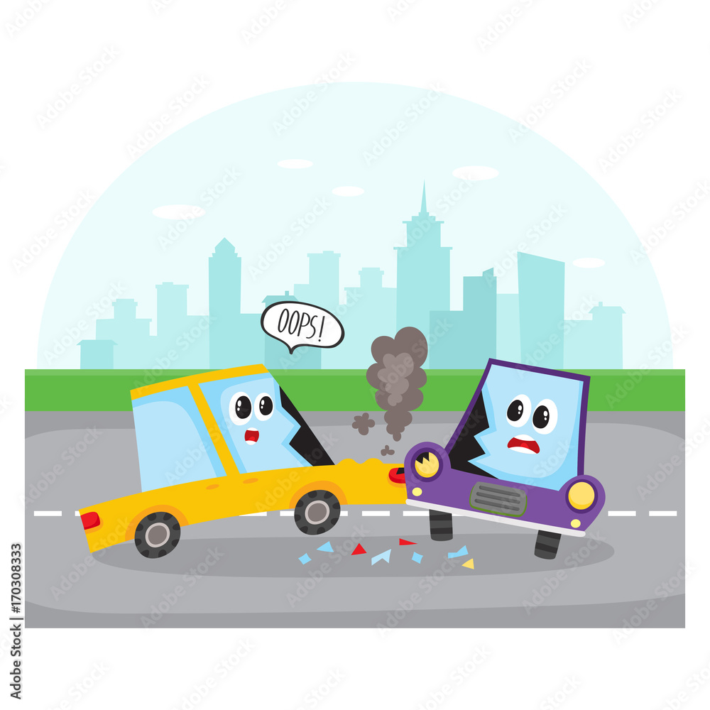 Road accident, side collision on city street with car characters, cartoon vector illustration. Two cartoon car characters with human faces have road accident, collision on city street Road accident, side collision on city street with car characters, cartoon vector illustration. Two cartoon car characters with human faces have road accident, collision on city street