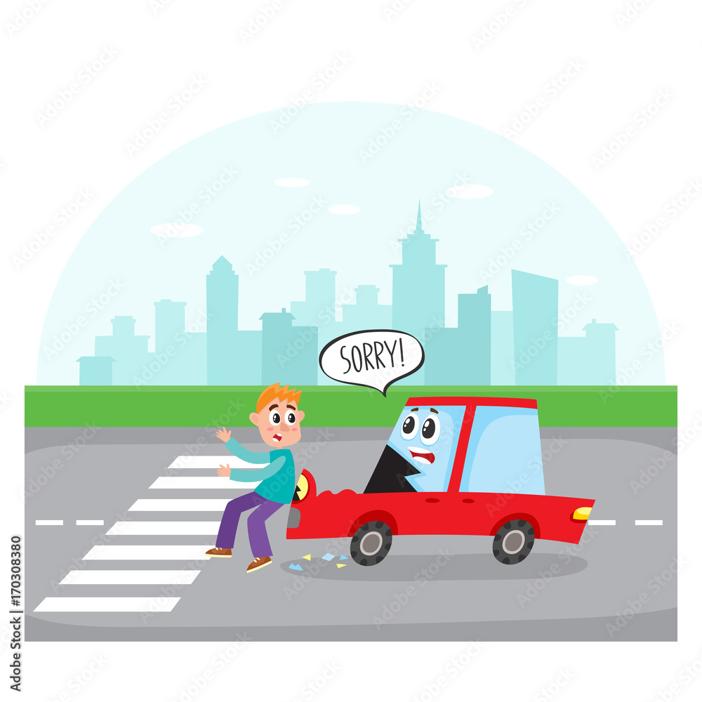 Road accident, car character with human face hits a pedestrian on city street, cartoon vector illustration. Cartoon car character with human face hits a pedestrian crossing city street