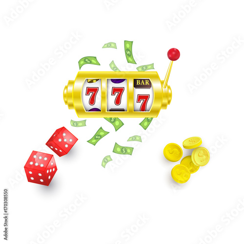 vector flat cartoon lucky triple seven Jackpot, golden slot mashine with dollar rain around, casino chips and dice cubes set. Isolated illustration on a white background. Sign of profit easy money
