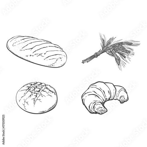 Billede på lærred vector sketch fresh white loaf bread, Croissant set