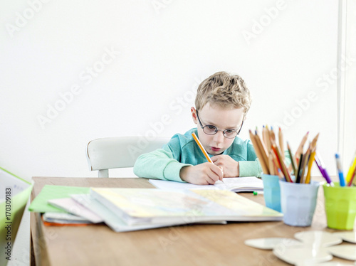 Boy writing in exercise book
