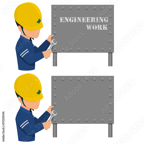 An engineer is fixing the metal sign with the spanner on transparent background
