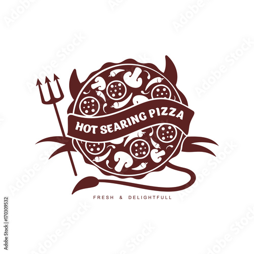 vector flat hot searing pizza devil with horns, tail and trident icon pictogram. Isolated illustration on a white background. Pizzaria , delivery company brand , logo ready to use design.