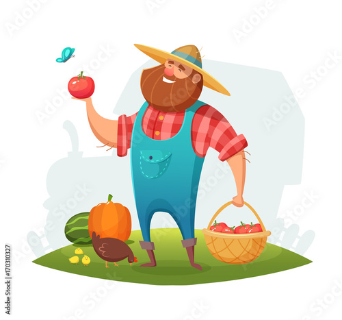 Cartoon farmer character design. rancher holding a basket of vegetables in his hand. Vector illustration.