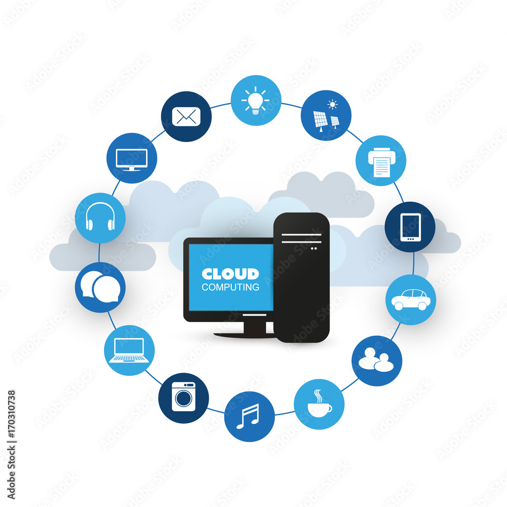 Cloud Computing, Networks Design Concept with Icons Representing Various Kinds of Digital Devices or IoT Services