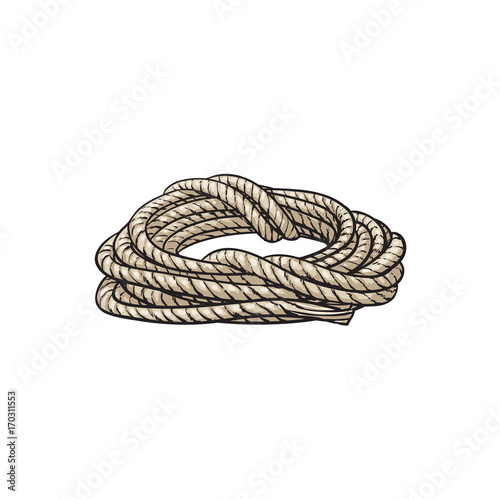 Roll of ship rope, side view cartoon vector illustration isolated on white background. Cartoon illustration of rolled up ship rope for anchoring, docking