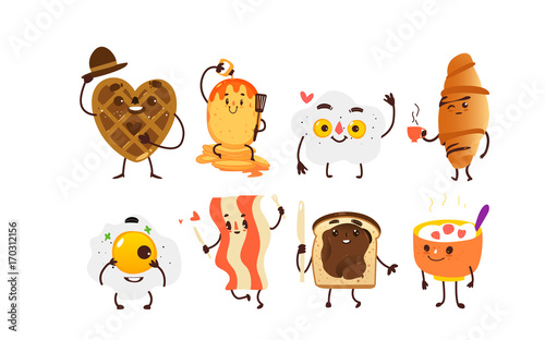 Set of breakfast characters - waffle, toast, croissant, pancake, fried egg, bacon and bowl of oats, cartoon vector illustration isolated on white background. Set of funny smiling breakfast characters