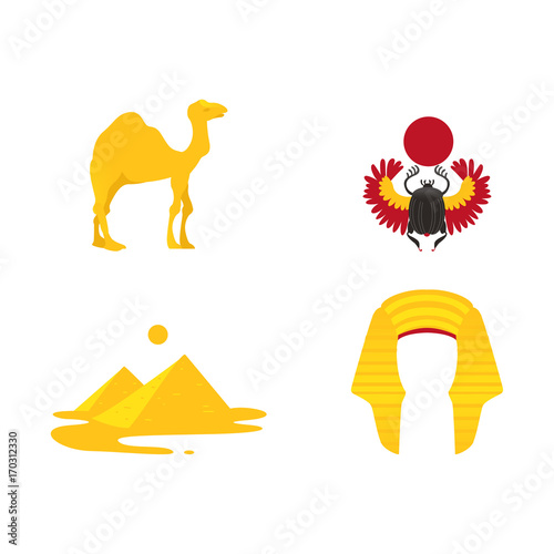 Set of Egypt symbols - pharaoh headdress, camel, pyramids, scarab beetle, flat cartoon vector illustration isolated on white background. Set of Egyptian symbols - scarab, pyramids, crown and camel