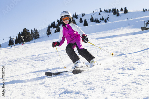 Ski holiday, Child skiing downhill, Sudelfeld, Bavaria, Germany