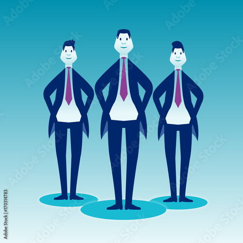 Three cheeky businessman in strict suits stand on a blue background