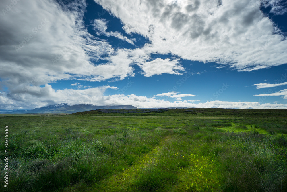 Iceland - Wild far open countryside with snow covered mountains and green meadows Iceland - Wild far open countryside with snow covered mountains and green meadows