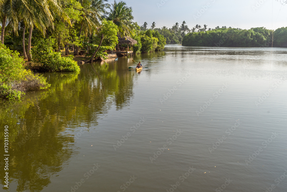 Fototapeta premium Rekawa lagoon is a scenic coastal lagoon in the south of Sri Lanka, situated at the east-side of the small town Tangalle. The lake has a big biodiversity with a variety of flora and fauna