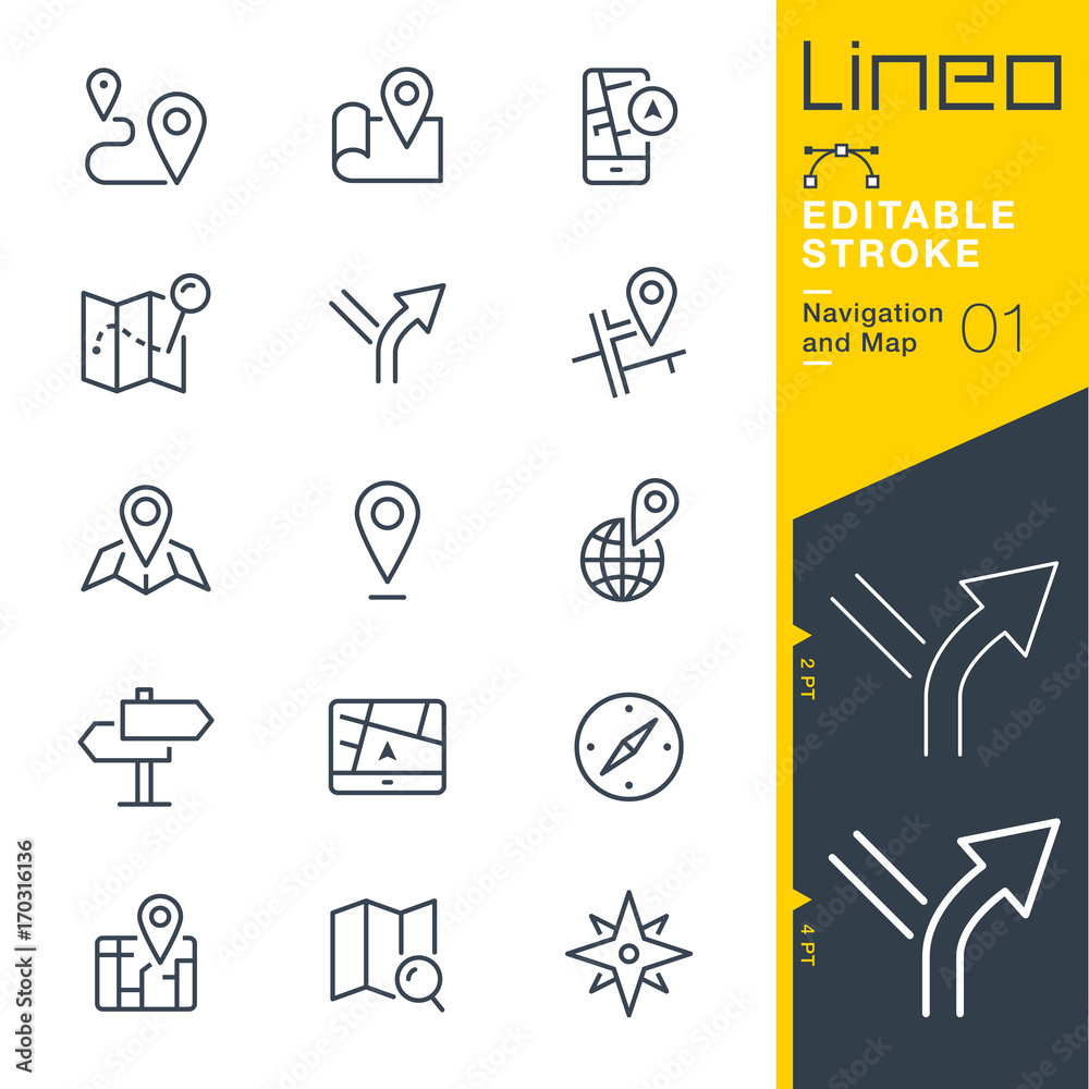Lineo Editable Stroke - Navigation and Map line icons
Vector Icons - Adjust stroke weight - Expand to any size - Change to any colour