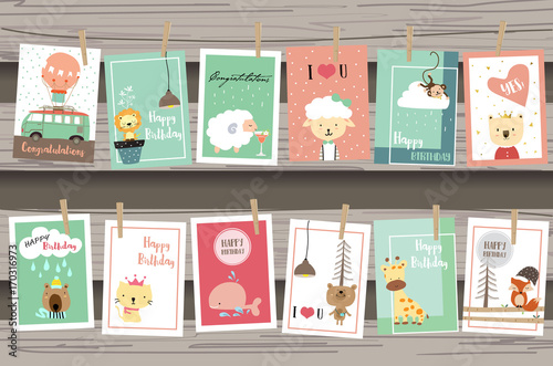 Blue pink collection for banners,Placards with van,lion,sheep,monkey,bear,cat,whale,giraffe and fox