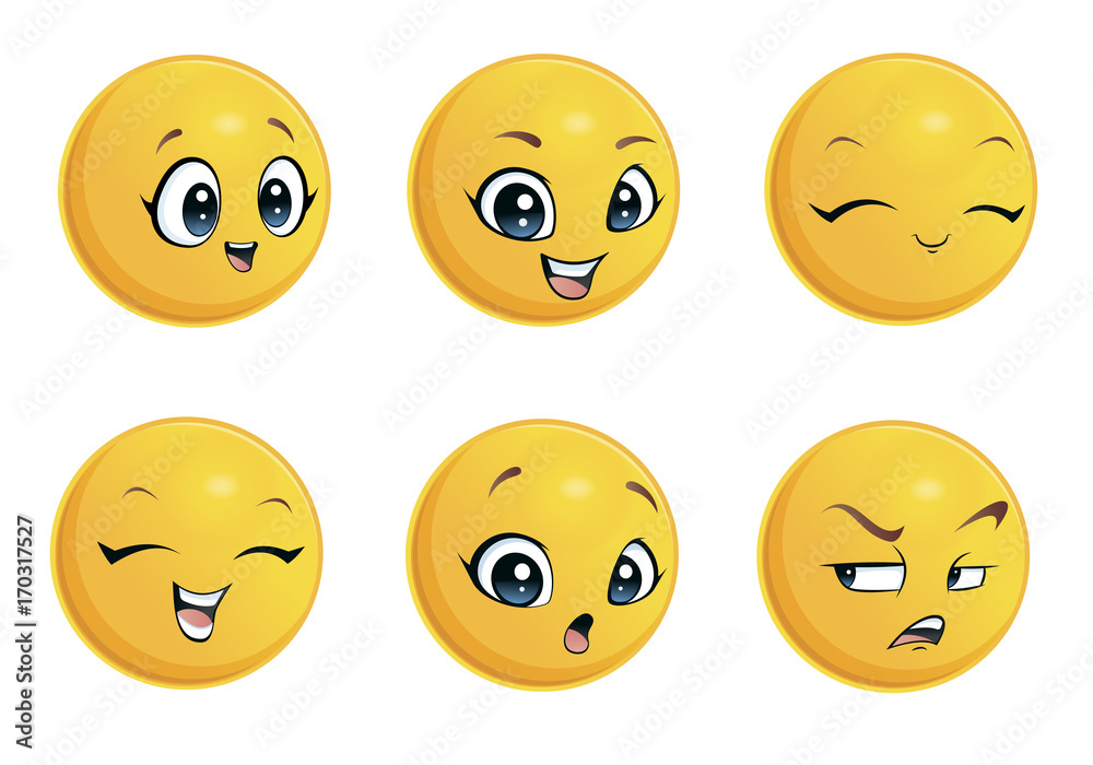 Set of smileys for girls. Emotions laugh, smile, discontent, dreams, surprise. Vector illustration. Set of smileys for girls. Emotions laugh, smile, discontent, dreams, surprise. Vector illustration.