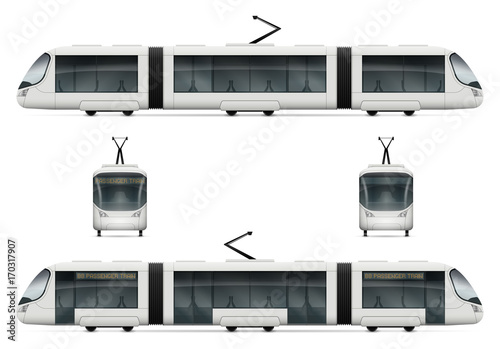 White city tram vector mock-up. Isolated railway transport set. Electric passenger train on white background. All layers and groups well organized for easy editing and recolor. photo