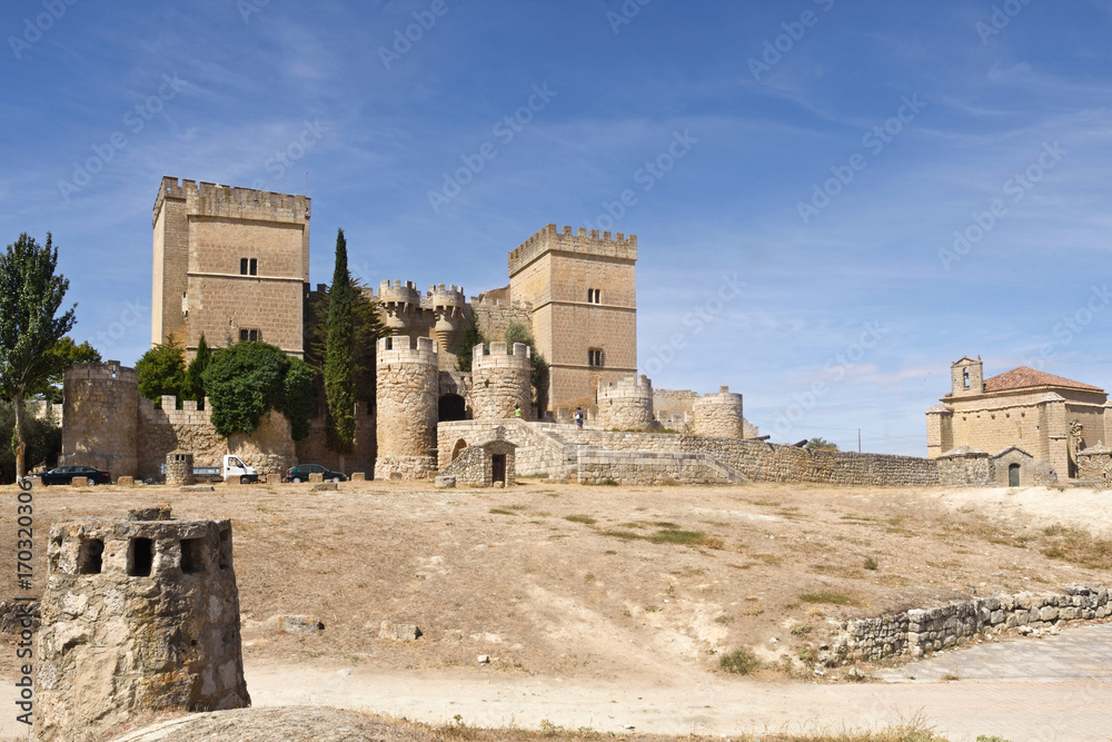Castle and church  of Ampudia, Tierra de Campos, Palencia province, Castilla y Leon, Spain