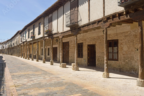 Street with arcades in Ampudia  Tierra de Campos  Palenciia province  Castilla y Leon  Spain