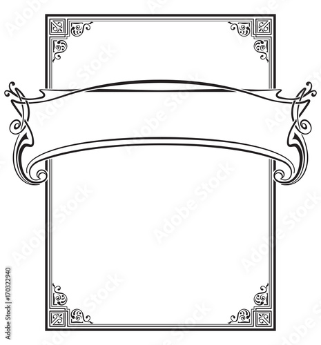 Decorative black  frame and banner. Template for card, label. Retro, art-nouveau style.
