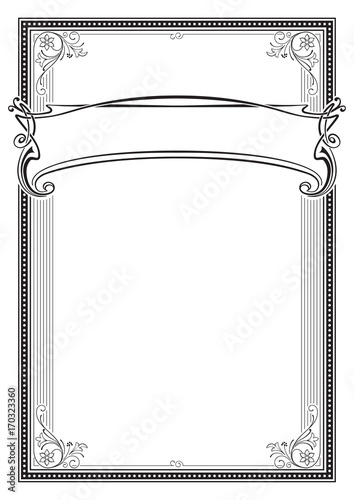 Decorative black  rectangular frame and banner. Template for diploma, certificate, card, label. Retro, art-nouveau style. A3 page size.