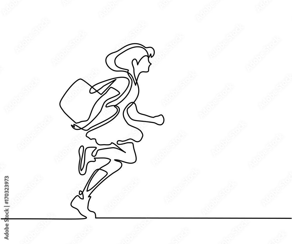 Girl running back to school with bag. Continuous line drawing. Vector illustration on white background