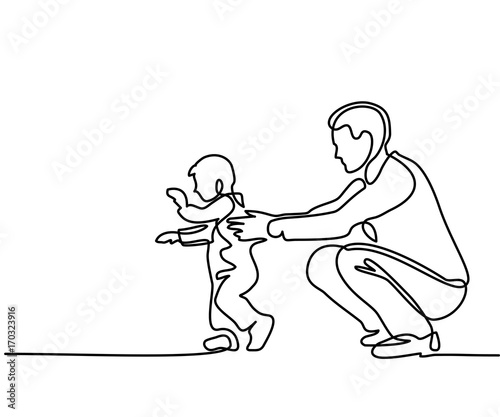 Father and son baby beginning to walk. Continuous line drawing. Vector silhouette