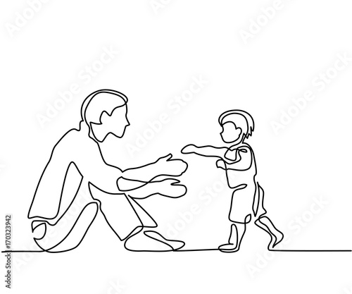 Father and son baby beginning to walk. Continuous line drawing. Vector silhouette