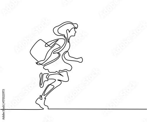 Girl running back to school with bag. Continuous line drawing. Vector illustration on white background