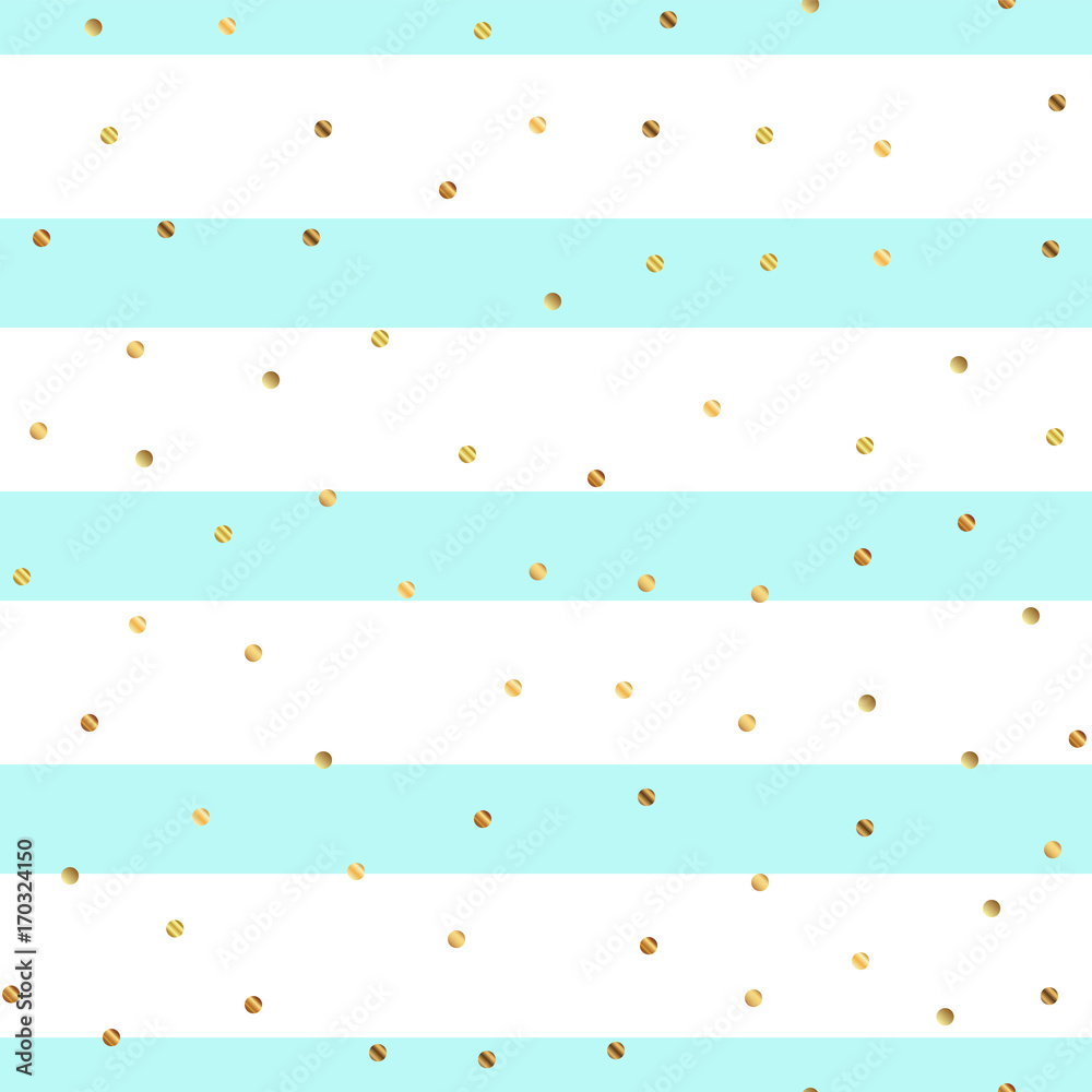 Golden dots seamless pattern on blue striped background. Ideal gradient golden dots endless random scattered confetti on blue striped background. Confetti fall chaotic decor. Modern creative pattern.