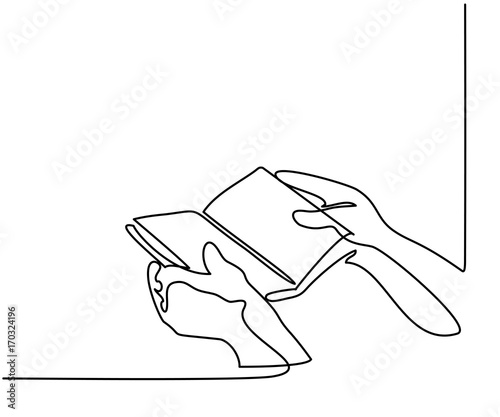 Continuous line drawing. Hands holding the bible book. Vector illustration
