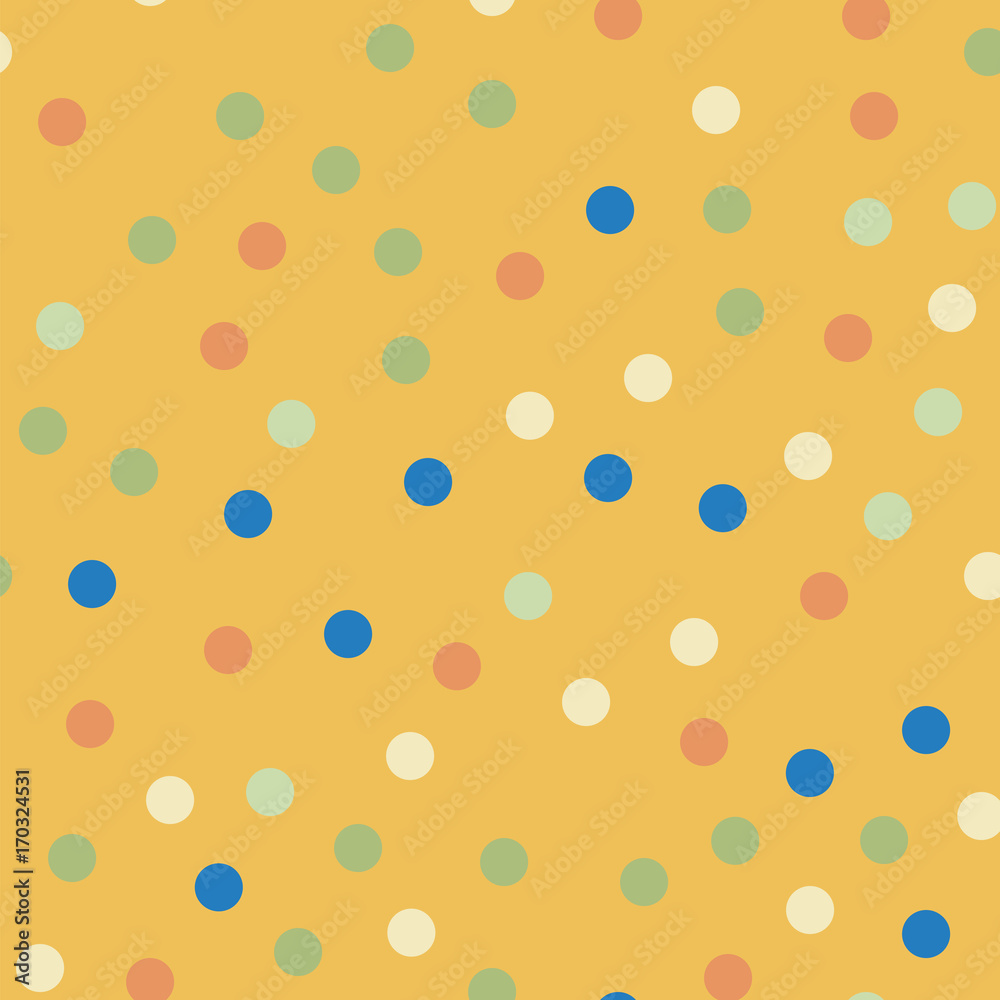 Colorful polka dots seamless pattern on bright 6 background. Ravishing classic colorful polka dots textile pattern. Seamless scattered confetti fall chaotic decor. Abstract vector illustration.