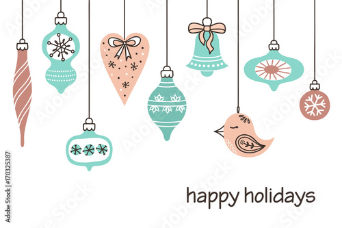 Stylized Christmas decorations set. Vintage winter holidays background