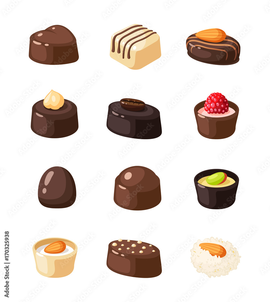 Set of chocolate covered bonbon stuffed nougat, mousse, cream. Vector illustration candy flat icon collection isolated on white.