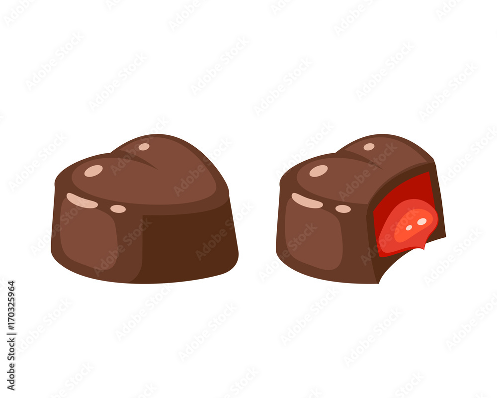 Chocolate covered bonbon jam filling. Vector illustration candy flat icon isolated on white. Chocolate covered bonbon jam filling. Vector illustration candy flat icon isolated on white.