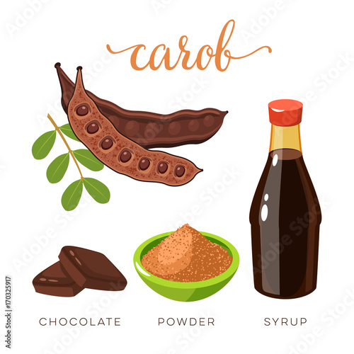 Superfood fruit. Set of carob pod bean with seeds, choko tile, carob powder and syrup. Vector illustration cartoon flat icon isolated on white.