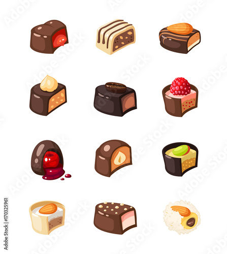 Set of chocolate covered bonbon stuffed nougat, mousse, cream. Vector illustration candy flat icon collection isolated on white.