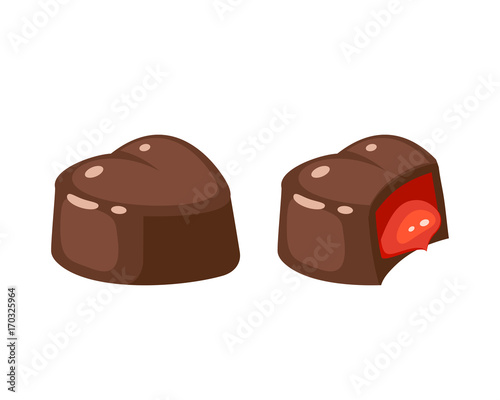 Chocolate covered bonbon jam filling. Vector illustration candy flat icon isolated on white.