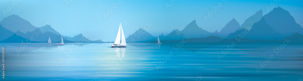 Fototapeta premium Wektorowy błękitny morze, nieba tło i jachty.