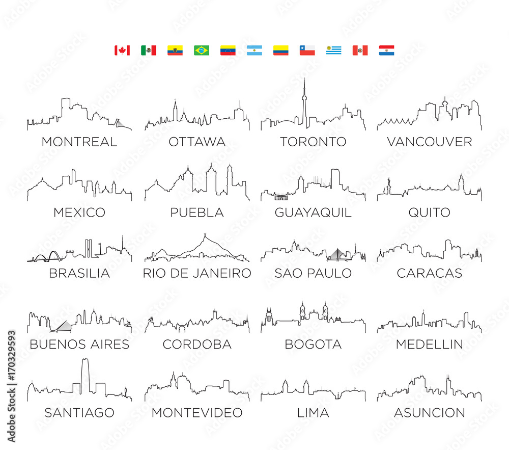 North and South America skyline city line art, vector Illustration design