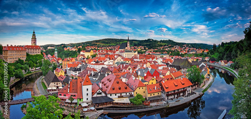 Panoramic view over the old Town of Cesky Krumlov, Czech Republic
