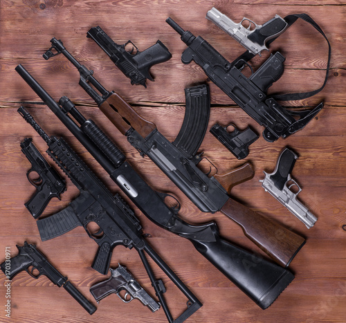arsenal of firearms, assault rifles and pistols