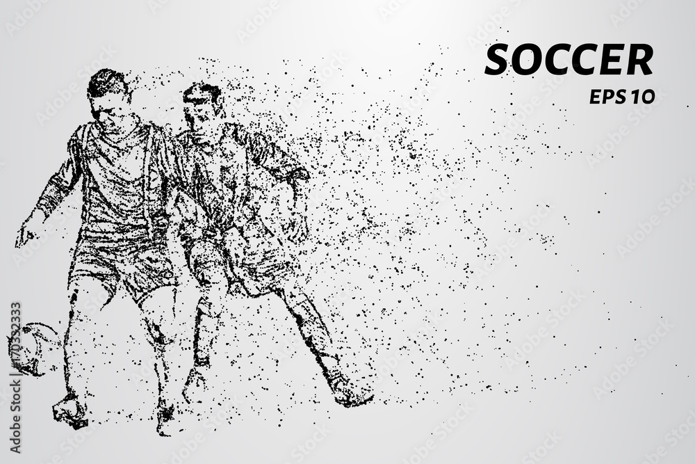 Soccer of the particles carries in the wind. Silhouette of a soccer player from circles.