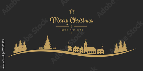 christmas lettering winter landscape village golden black