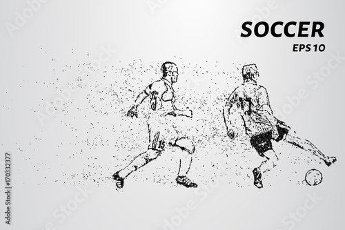 Soccer of the particles carries in the wind. Silhouette of a soccer player from circles.