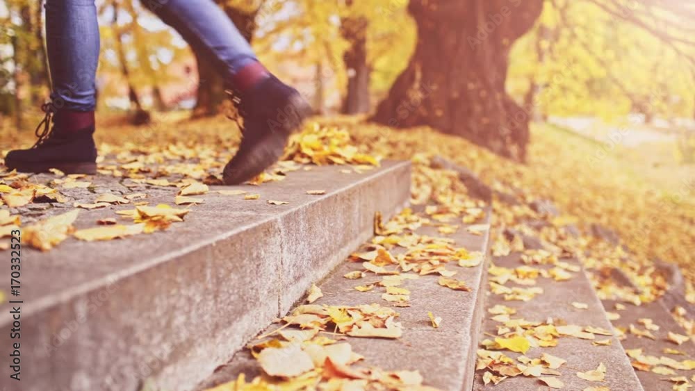 Unrecognizable Woman Feet walking Up the Stairs covered with Leaves in Autumn Park. 4K DOLLY SHOT, Close up on shoes. Girl enjoying cool fall weather outdoors, wearing stylish fall boots. Unrecognizable Woman Feet walking Up the Stairs covered with Leaves in Autumn Park. 4K DOLLY SHOT, Close up on shoes. Girl enjoying cool fall weather outdoors, wearing stylish fall boots.
