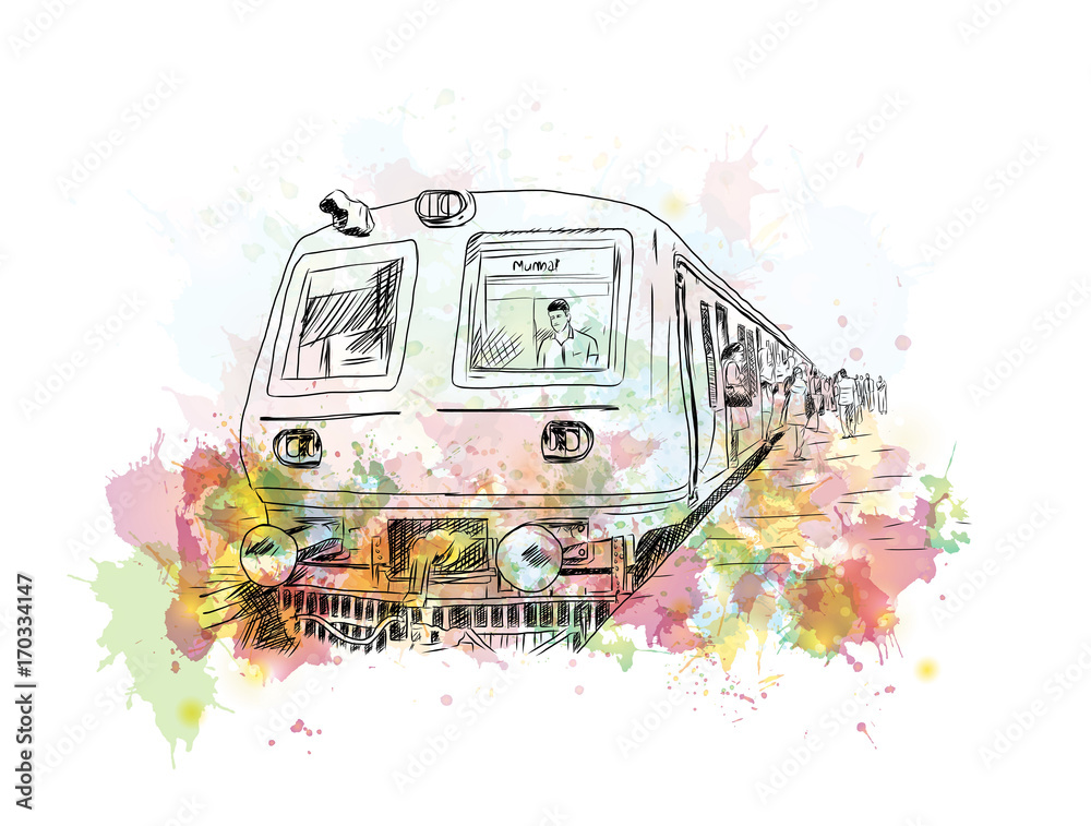 Watercolor sketch of Mumbai local train in vector illustration.