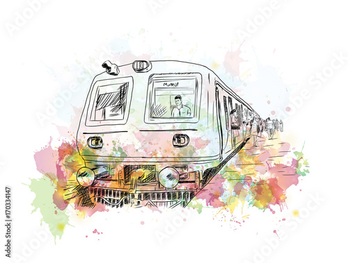 Obraz na płótnie Watercolor sketch of Mumbai local train in vector illustration. w salonie