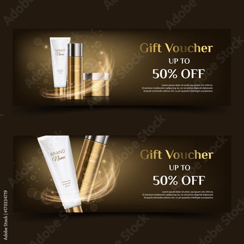 A beautiful cosmetic banner or gift voucher, realistic 3d white tube gold bottle and jar ready for design and print. Modern illustration for advertising